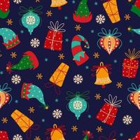 vrolijk Kerstmis en gelukkig nieuw jaar naadloos vector patroon. winter vakantie symbolen - geschenken, sneeuwvlokken, boom speelgoed, rinkelen bellen, hoeden van de kerstman claus en elfjes. vlak tekenfilm achtergrond voor behang