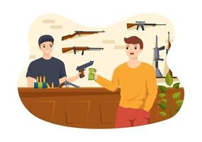 geweer winkel of jacht- met geweer, kogel, wapen en jacht uitrusting in vlak stijl tekenfilm hand- getrokken Sjablonen illustratie vector