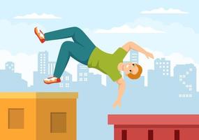 parkour sport- met jong mannen jumping over- muren en belemmeringen in stad straten en gebouwen in vlak tekenfilm hand- getrokken sjabloon illustratie vector