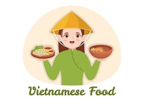 Vietnamees voedsel restaurant menu met verzameling van divers heerlijk keuken gerechten in vlak stijl tekenfilm hand- getrokken Sjablonen illustratie vector