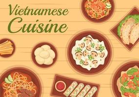 Vietnamees voedsel restaurant menu met verzameling van divers heerlijk keuken gerechten in vlak stijl tekenfilm hand- getrokken Sjablonen illustratie vector