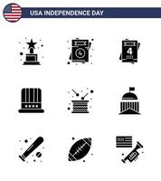 gelukkig onafhankelijkheid dag Verenigde Staten van Amerika pak van 9 creatief solide glyphs van onafhankelijkheid trommel liefde dag Amerikaans bewerkbare Verenigde Staten van Amerika dag vector ontwerp elementen