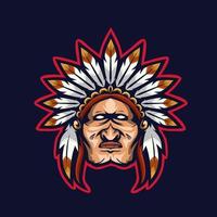 tribal chef mascotte e sport logo ontwerp. apache krijger mascotte hoofd vector illustratie logo.