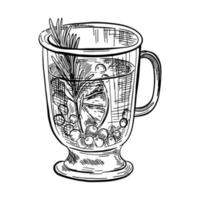 mok van glas met een heet drankje, citroen, en bessen. zwart en wit schetsen illustratie. knuffelen drankjes voor Kerstmis vector