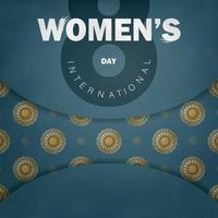 ansichtkaart sjabloon 8 maart Internationale vrouwen dag in blauw kleur met wijnoogst goud ornament vector