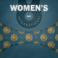 vakantie kaart Internationale vrouwen dag in blauw met winter goud patroon vector
