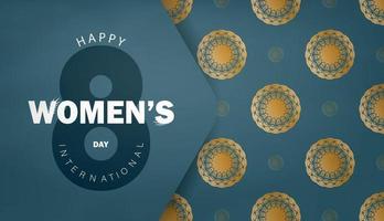 vakantie folder 8 maart Internationale vrouwen dag in blauw met wijnoogst goud ornament vector
