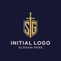 sg logo eerste monogram met schild en zwaard ontwerp vector