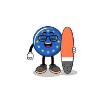 mascotte tekenfilm van Europa vlag net zo een surfer vector