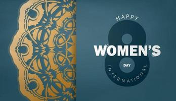 brochure 8 maart Internationale vrouwen dag blauw met wijnoogst goud patroon vector