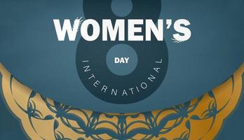 vakantie brochure 8 maart Internationale vrouwen dag in blauw met luxe goud patroon vector