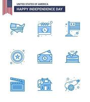 gelukkig onafhankelijkheid dag Verenigde Staten van Amerika pak van 9 creatief blues van Amerikaan dollar land teken Politie bewerkbare Verenigde Staten van Amerika dag vector ontwerp elementen