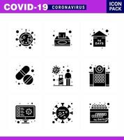 coronavirus bewustzijn icoon 9 solide glyph zwart pictogrammen icoon inbegrepen infectie tablet zakdoek doos pil blijven huis virale coronavirus 2019november ziekte vector ontwerp elementen