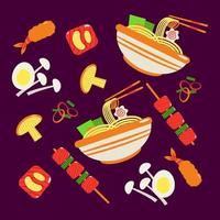 Japans voedsel. ramen, barbecue en gebakken garnaal patroon vector