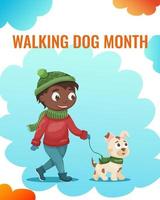 een zwart jongen wandelingen met zijn hond in de winter. schattig vlak illustratie. hond wandelen maand. website, banier sjabloon vector