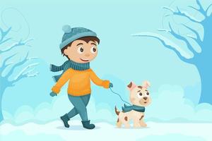 een jongen wandelingen met zijn hond in de winter. schattig vlak illustratie. hond wandelen maand. website, banier sjabloon vector