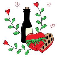 vector illustratie - een fles van Champagne, een Open doos van chocolaatjes, bladeren met harten. illustratie voor Valentijnsdag dag, Valentijnsdag dag, maart 8.