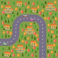 plan van dorp. landschap met de weg, Woud, auto's en huizen. vector illustratie