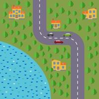 plan van dorp. landschap met de weg, Woud, meer, auto's en huizen. vector illustratie