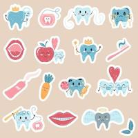 hand- getrokken stickers met kawaii tanden tekens in tekenfilm vlak stijl. vector illustratie van gezond en ziek tand