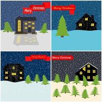reeks van vier vector illustratie met winter nacht, eenzaam huizen en een rood linten met de opschrift gelukkig kerstmis.