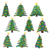 reeks van negen Kerstmis bomen met Kerstmis ballen en een sterren Aan de top. vector illustratie.