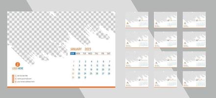 bureau maandelijks foto kalender 2023. gemakkelijk maandelijks horizontaal foto kalender lay-out voor 2023 nieuw jaar in engels. Hoes kalender en 12 maanden Sjablonen. vector