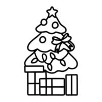 Kerstmis boom met een ster, ballonnen en lichten. een groen Spar of pijnboom boom versierd met geschenk dozen, gloeiend slingers en een rood lintje. vector
