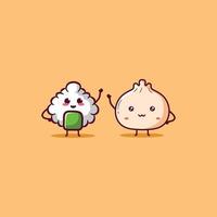 schattig illustratie van kawaii onigiri en dimsum mascotte tekenfilm vector