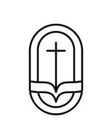 religie lijn kruis en Open boek Bijbel in kerk. vector logo icoon illustratie geïsoleerd. Jezus Christus Aan Golgotha is centrum Christendom. god vergiffenis en liefde voor mensen