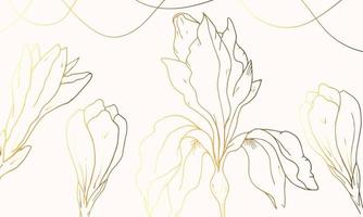 luxe goud en beige achtergrond met planten. bloem schets. iris. hand- getrokken. minimaal kunst. vector kunst