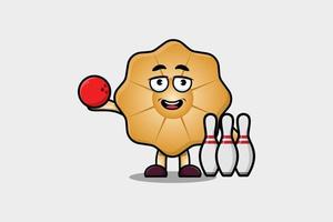 schattig tekenfilm koekjes karakter spelen bowling vector