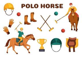 polo paard sport- met speler rijden paard en Holding stok gebruik uitrusting reeks in vlak tekenfilm poster hand- getrokken sjabloon illustratie vector