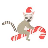 schattig lemur met Kerstmis hoed Aan snoep riet. vector