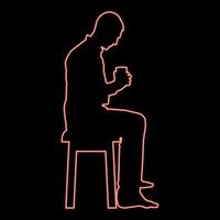neon Mens Holding mok en op zoek Bij de inhoud binnen terwijl zittend Aan stoel concept van kalmte en huis comfort rood kleur vector illustratie beeld vlak stijl
