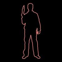 neon klusjesman meester Mens in overall met gereedschap in zijn handen elektrisch boren visie met voorkant rood kleur vector illustratie beeld vlak stijl