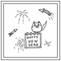 gelukkig nieuw jaar ansichtkaart met kat en vuurwerk in tekening stijl. vector illustratie