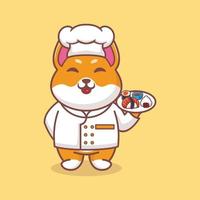 vector hond chef mascotte logo tekenfilm schattig creatief kawaii. schattig dier illustratie draag- sushi voedsel