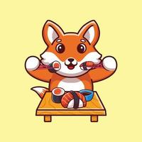 schattig vos aan het eten sushi met eetstokjes tekenfilm icoon illustratie vector