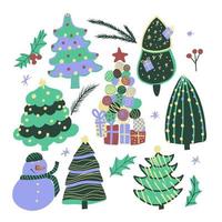 vector Kerstmis reeks met kleurrijk decoratief Kerstmis bomen en schattig weinig sneeuwman.