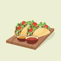 taco's Aan een houten bord met sauzen, een Mexicaans gerecht. Latijns Amerikaans voedsel. vector illustratie.