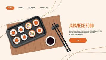 Aziatisch voedsel restaurant landen bladzijde met illustratie van broodjes Aan een bamboe servet met eetstokjes. Japans voedsel. vector