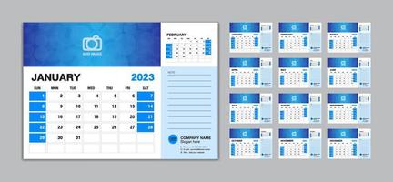 bureau kalender 2023 sjabloon reeks vector, week begint zondag, reeks van 12 maand, creatief kalender 2023 jaar, muur kalender 2023, planner, bedrijf sjabloon, briefpapier, het drukken media, advertentie vector