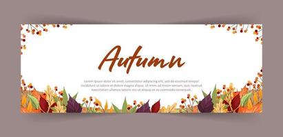 banner met kleurrijke herfst esdoorn, lijsterbes, els en esp bladeren en takken. webdesign. vectorillustratie in vlakke stijl. vector