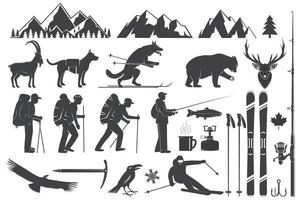 bergbeklimmen, hiking, klimmen, vissen, skiën en andere avontuur pictogrammen. vector