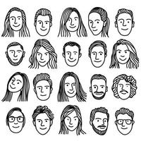 reeks van hand- getrokken lijn gelukkig mensen gezichten van verschillend geslachten, ontwerp element voor icoon, logo, poster, kaart, banier, embleem, t shirt. vector illustratie