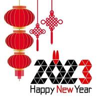 2023 Chinese nieuw jaar, jaar van de konijn, datum en konijn oren, Chinese lantaarn, Chinese knoop van geluk en mooi zo geluk vector
