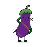 schattig tekenfilm aubergine ridder vector icoon illustratie. groente natuur icoon concept geïsoleerd premie vector. vlak tekenfilm stijl vrij vector