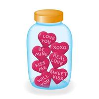 glas pot met harten. een tekenfilm glas snoep pot in de vorm van een roze hart met schattig liefde berichten. de concept van liefde en vieren Valentijnsdag dag. vector illustratie.