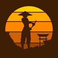 samurai Japan zwaard ridder vector logo Aan cirkel zonsondergang. krijger achtergrond voor t-shirt, poster, kleding, koopwaar, kleding, insigne ontwerp.